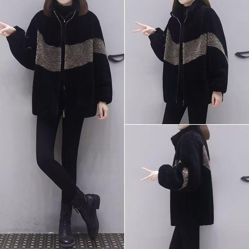 

Women s Plus Size Color Block Lambswool Coat - Loose Fit, Imitation Shearling Winter Overcoat M чёрный