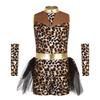 Girls Caveman Cosplay Leopard Pattern Jumpsuit Gloves Mesh Metallic Shiny Patchwork Sleeveless Tutu Skirt
