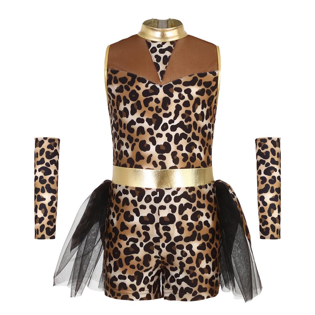 Girls Caveman Cosplay Leopard Pattern Jumpsuit Gloves Mesh Metallic Shiny Patchwork Sleeveless Tutu Skirt