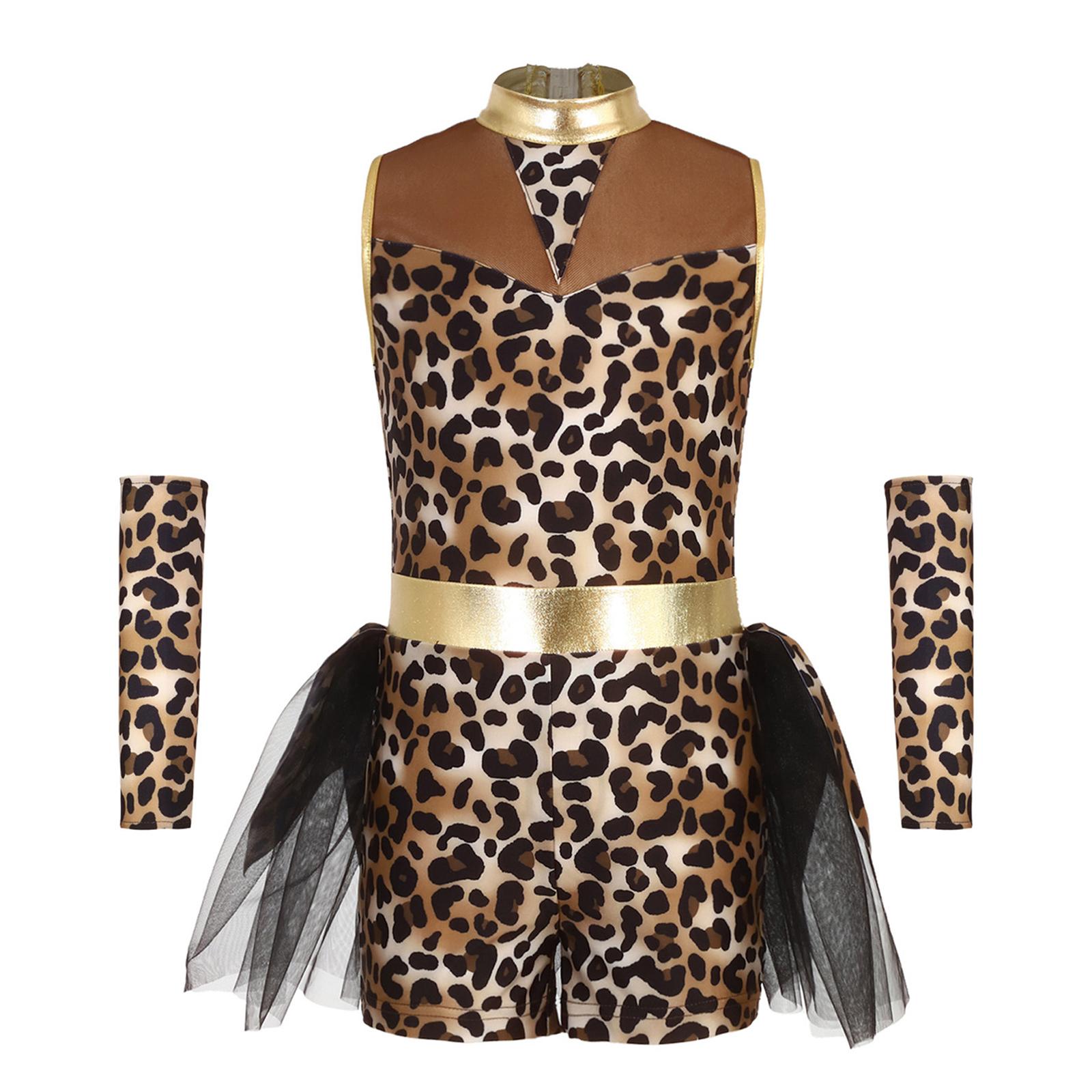

Girls Caveman Cosplay Leopard Pattern Jumpsuit Gloves Mesh Metallic Shiny Patchwork Sleeveless Tutu Skirt 11-12 Years коричневий