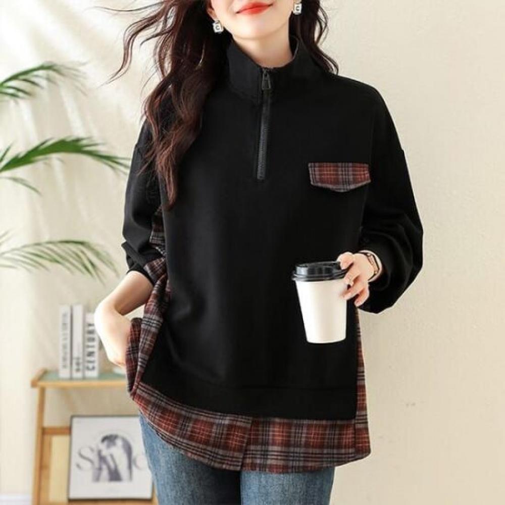 Navava Women Check PaTchwork Long Sleeve Half Zip T shirT nT2167