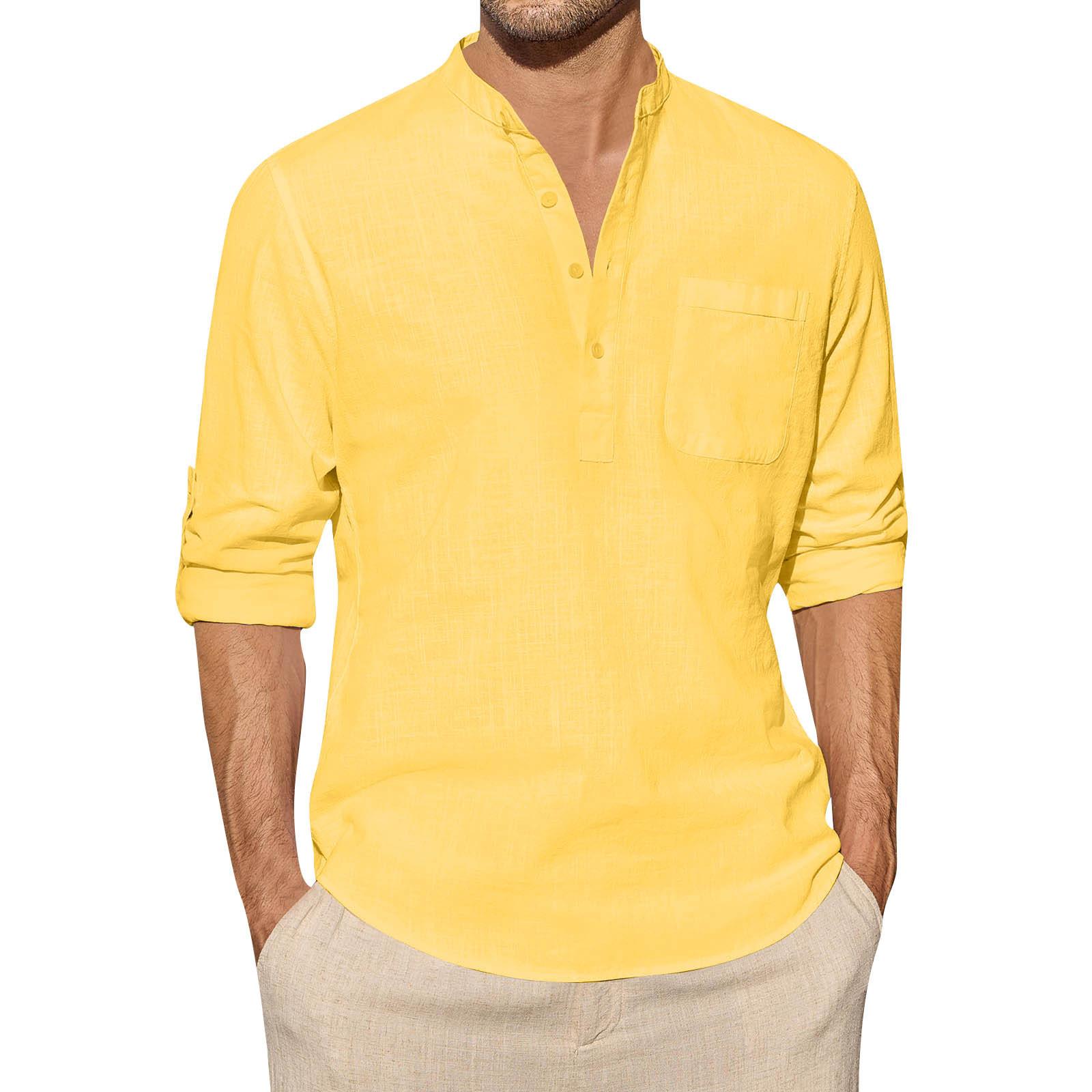 

Дизайнерские весенне-летние мужские повседневные рубашки из хлопка и льна, однотонные рубашки с длинными рукавами, свободные рубашки с воротником-стойкой XXXL жёлтый