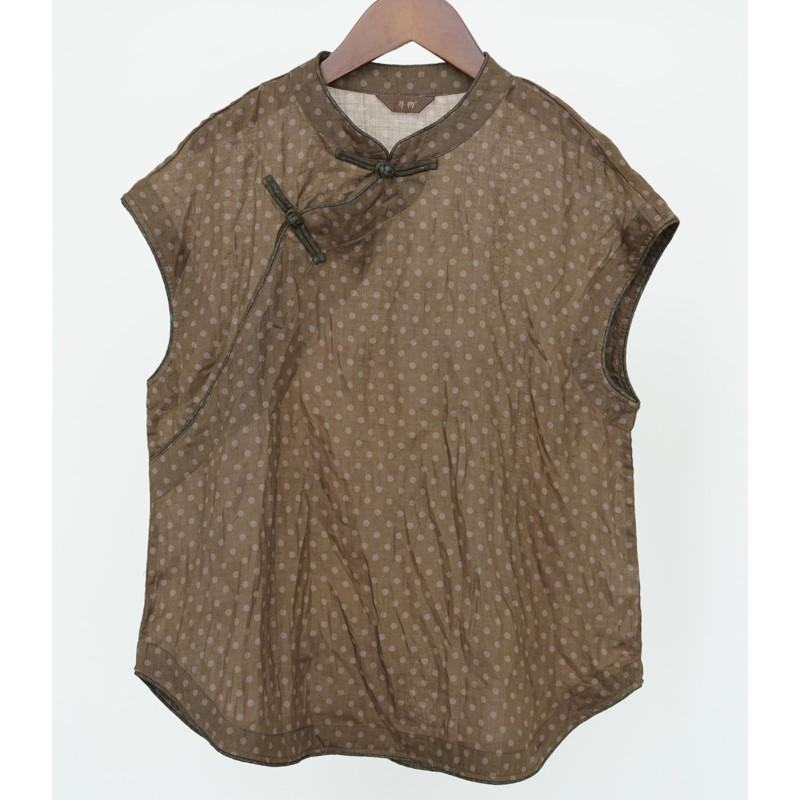 Johnature Women Chinese Style Polka Dot Shirts Stand Shirts Sleeveless Tops Summer Button Vintage Women Shirts