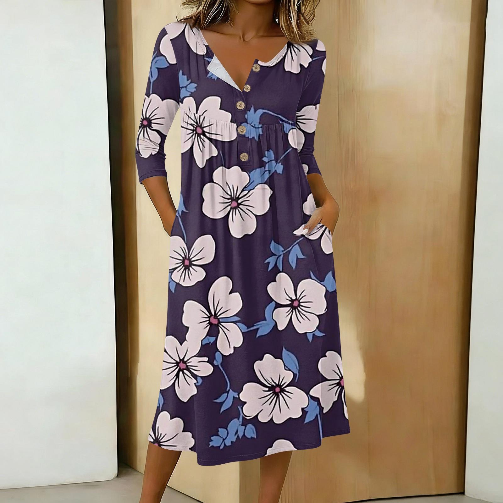 

Women s Casual 3/4 Sleeve Button-down Mid-length Dress XXL