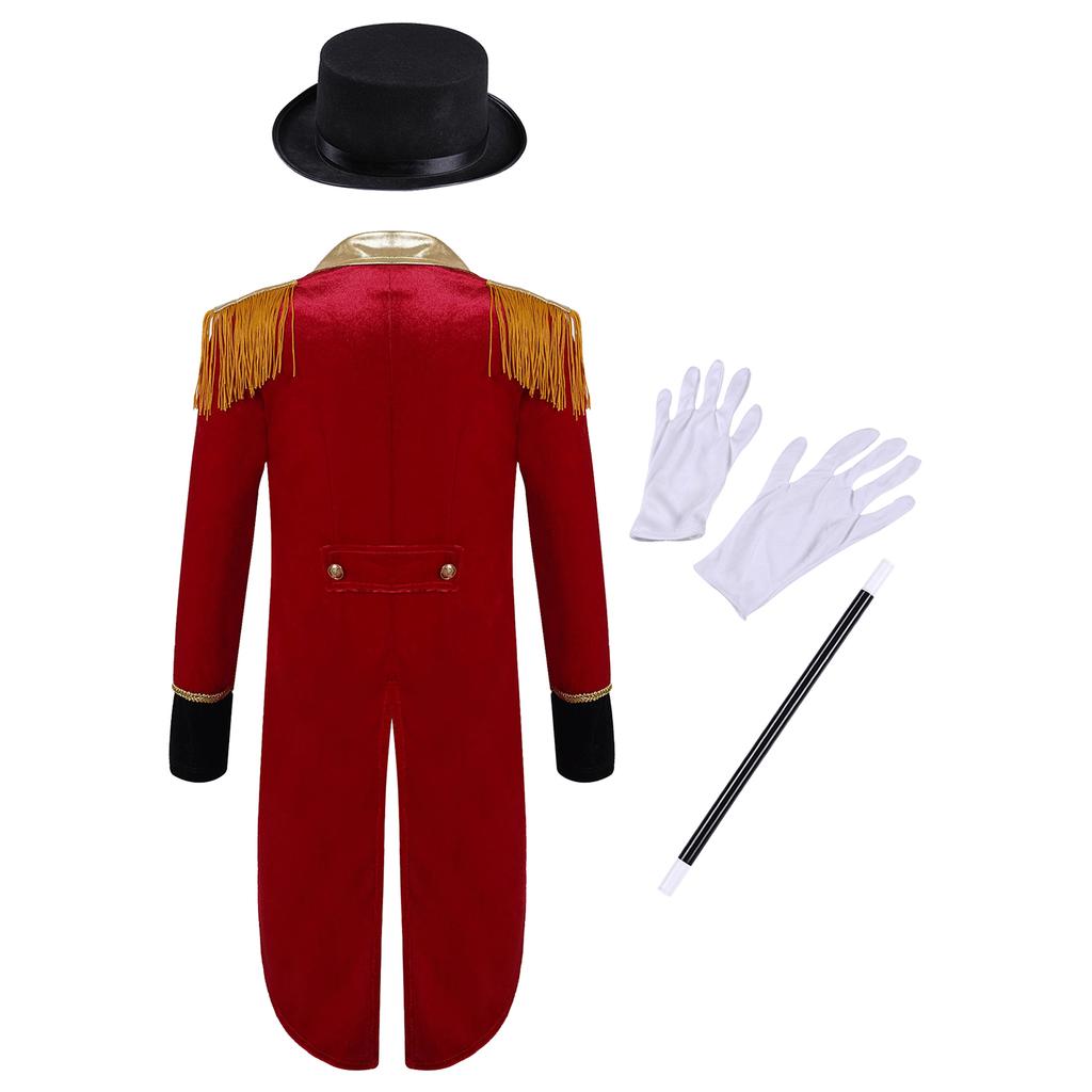 Boys Circus Costume Set Long Sleeve Lapel Tassel Shoulder Tailcoat Complete Hat Magic Wand Gloves Accessory Kit