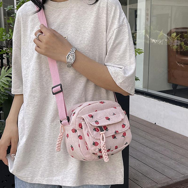 Cute Strawberry CorduroyShoulder Bag Casual Zipper Trendy Crossbody Bag Tote Handbag for Women Girls Travel Work Messenger Bag CLE