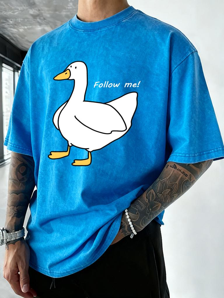 Follow The Goose Design Men Washed T Shirt Summer Hip Hop TShirt Crewneck Cotton Sportswear Casual Oversized Short Sleeves