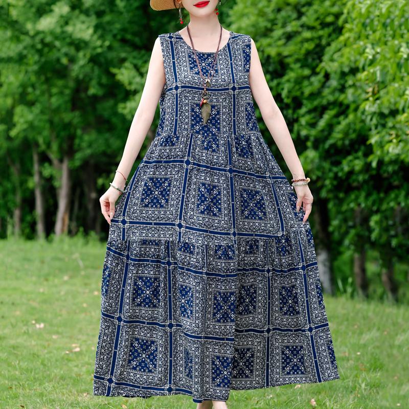 Elegant Sleeveless Dress for Women Plus Size Short Sleeve Vintage Print Long Dress Summer Casual Middle-aged Women's Clothing