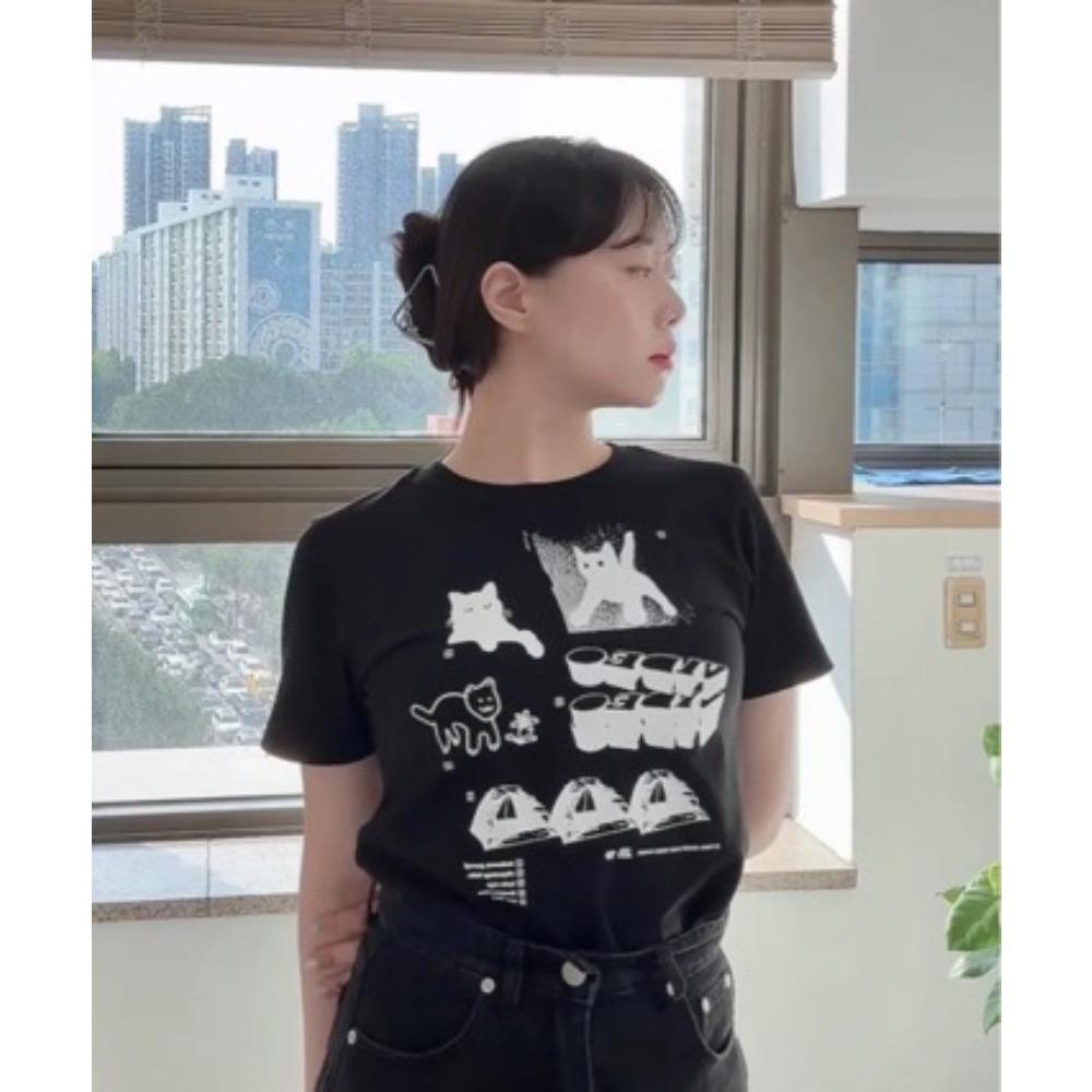 Summer American-style children's short-sleeve T-shirt with cute cat print, crew neck loose top with fun design