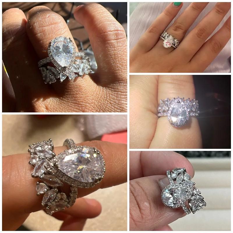 Fashion 2Pcs/Set Women Rings with Dazzling Cubic Zirconia Romantic Teardrop CZ Ring Wedding Engage Party Lady's Jewelry