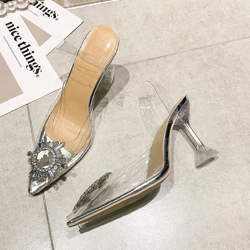 2024 Summer Women's Sandals Solid Color Pointed Toe Rhinestone Decorated Women's Sandals Transparent Strap Stiletto Heel Slip-on