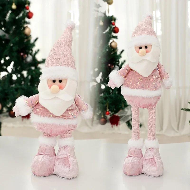 Standing Extendable Christmas Santa and Snowman Plush Doll Pink Glitter Toy Holiday Home Decor Ornament for Table Desk