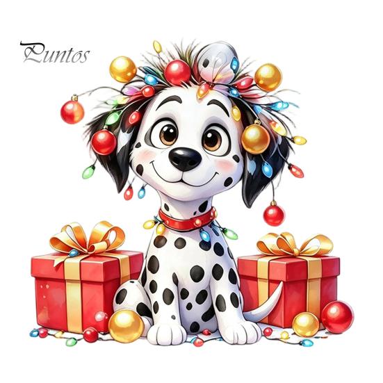Holiday Scene Setting Decals Christmas Spotted Puppy/Penguin Static Window Sticker, Cute Watercolor Animal Glass Stickers with Colorful Lights & Gift