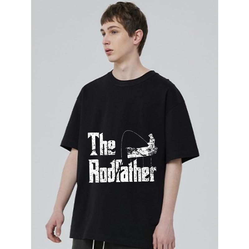 The Rodfather Black T Shirt with Fishing Boat and Text Graphic for Casual Wear and Outdoor Activities