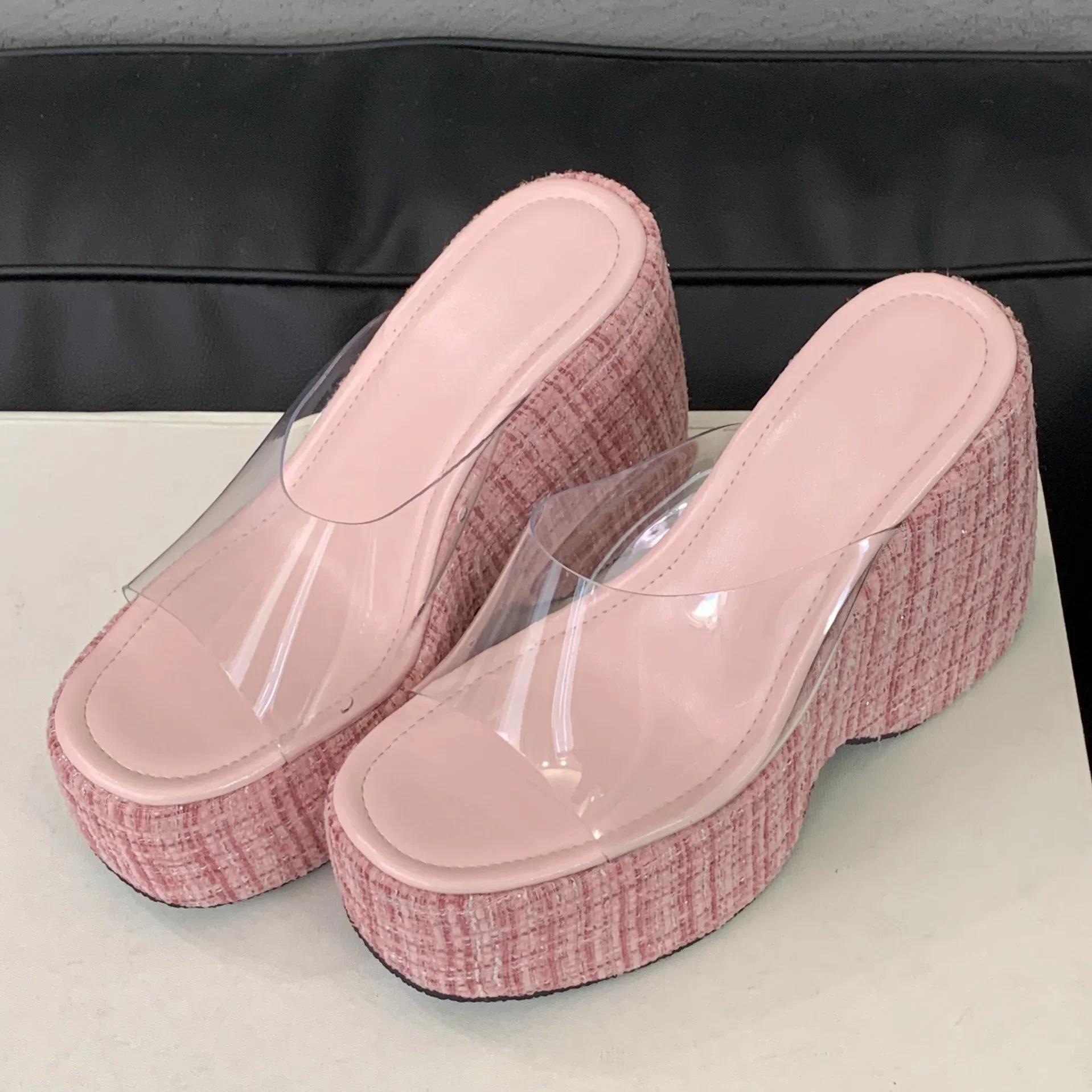 

Eilyken PVC Transparen Open Toe Platform Wedges Women s Slippers Fashion High Heels Banquet Shoes 40 розовый