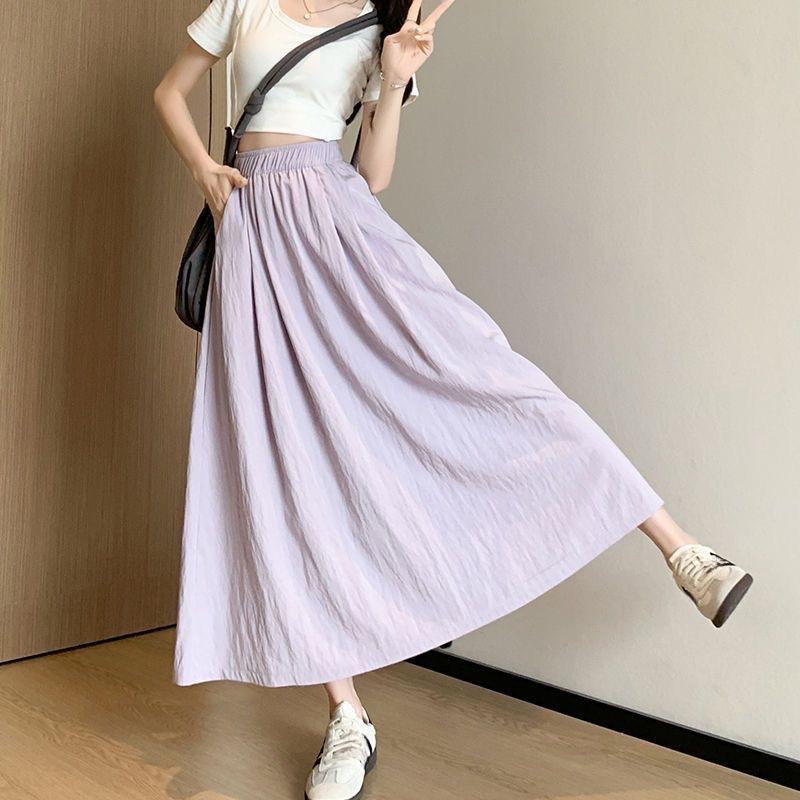 Women's Summer Solid Color Elastic High-Waisted A-Line Pleated Half Skirt Ladies Premium Elegant Casual Long Skirt