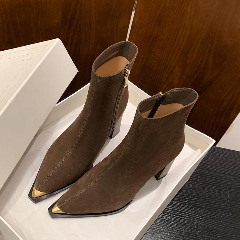 8.5CM Super High Heel Elegant Temperament Small Short Boots Niche Fashion Simple Pointed Thick Heel Side Zipper High Heel Women's Boots