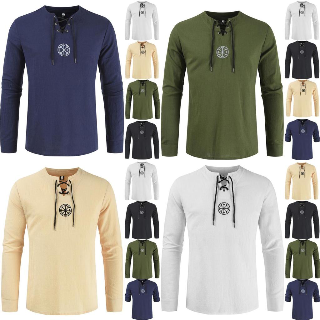 Stylish Medieval Men's Long Sleeve Lace Up Solid Color Retro Cosplay Costume T-shirt