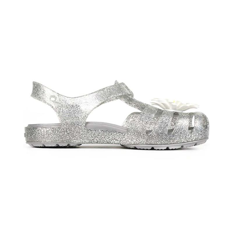 Crocs Isabella Charm Velcro Minimalist Casual Shiny Sandals Silver Kids