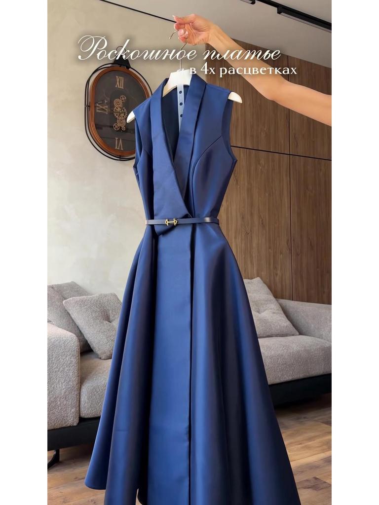 2026 Spring Women's Solid Color Sleeveless Lapel Dress - Slimming, Elegant, and Waist-cinching with a Flared Hem