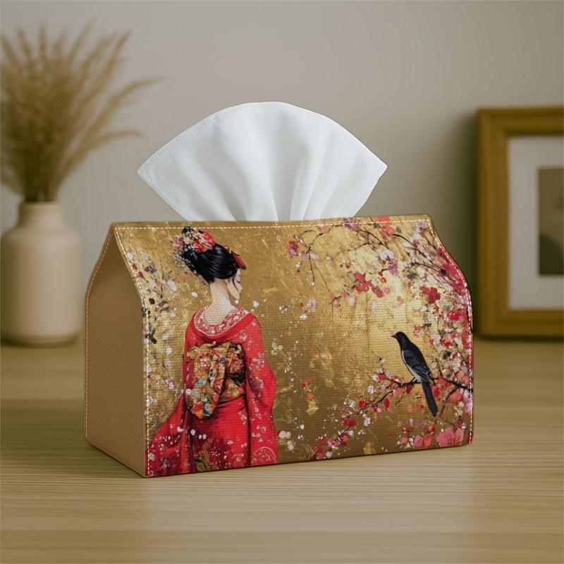 1pc Party Tissue Box,Asian Traditional,Multifunctional Tissue Holder,Woman Kimono Floral Golden&Red,Outdoor Party Supplies, Everyday Desktop Tissue St