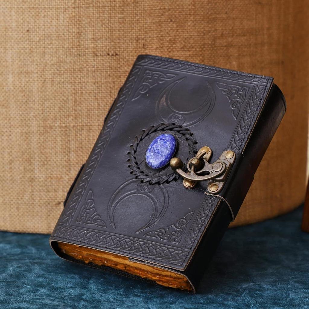 Handmade Black Leather Triple Moon with Blue Stone Journal Unlined Paper Dairy