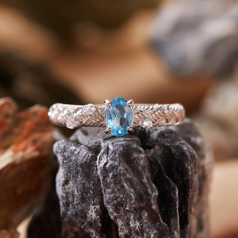 Simple S925 Sterling Silver Set With Natural Sapphire Topaz Tanzanian Diopside Colored Treasure Ring Female Index Finger Ring