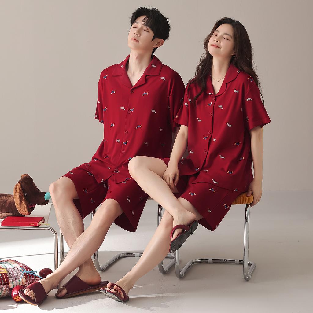 Wedding Couple Suit Summer Pure Cotton Short-sleeved Thin Festive Wedding Wine Red Cotton Loungewear Suit