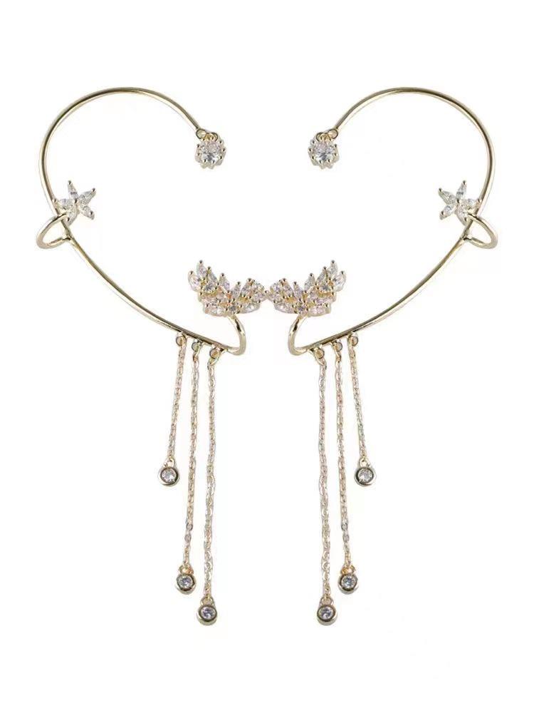 High-End Rhinestone Butterfly & Star Tassel Ear Cuff with Zirconia - No Piercing Required