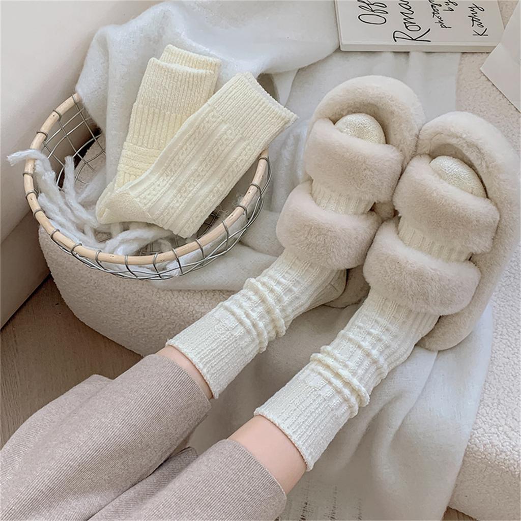 Solid Color Rhombus Striped Pattern Winter Thermal Warm Crew Socks for Women Thicken Faux Wool Knit Middle Tube Socks