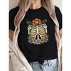 Women's Pure T-Shirt with Artistic Rib Cage & Floral Design, Comfort Fit, Short Sleeve, Round Neck - Casual Style, Machine Washable
