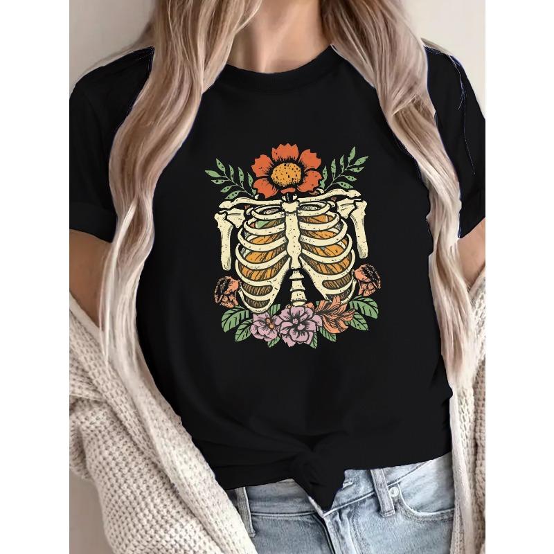 

Women s Pure T-Shirt with Artistic Rib Cage & Floral Design, Comfort Fit, Short Sleeve, Round Neck - Casual Style, Machine Washable 4XL