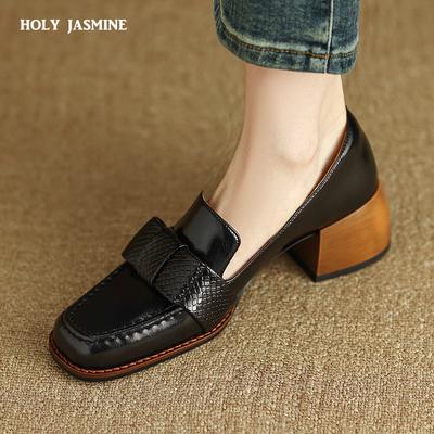 2024 New Fashion Women Pumps Square Toe Thick Heels Genuine Leather Shoes Woman Spring Summer Office Ladies High Quality Shoes