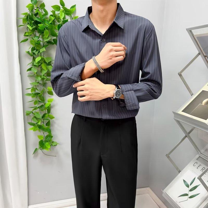 

Мужская облегающая черная полосатая рубашка в деловом стиле с длинным рукавом, не требующая глажки, на весну и осень Large