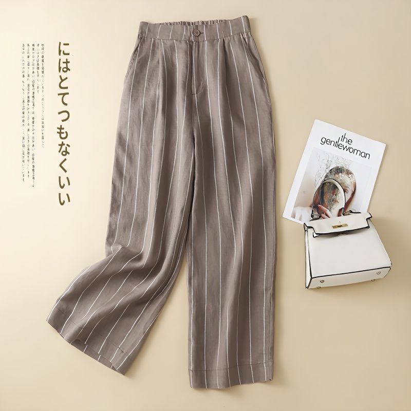 Blazer Cotton Linen Striped Wide Leg Pants Women's Summer High Waist Slimming Straight Linen Nine-Tenths Pants