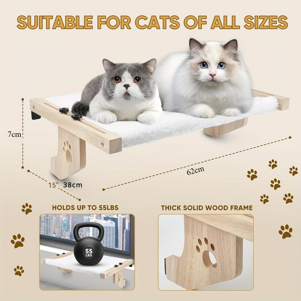 Percha y Hamaca Ajustable para Ventana de Gato - Marco de Plástico Duradero con Forro Suave de Vellón, Recortes con Huellas de Pata para Gatos de Interior, Fácil Montaje en Pared/Techo