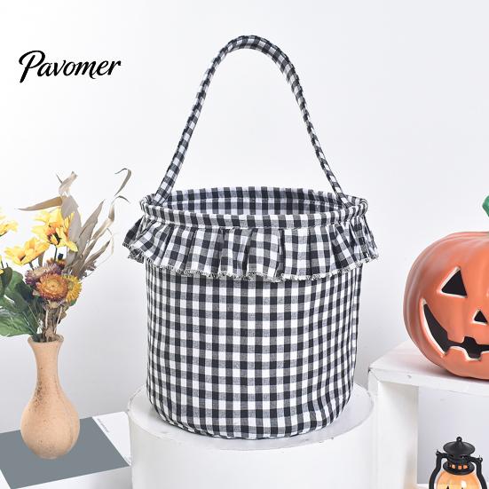 Trick or Treat Baskets Halloween Basket, Plaid Ruffle Candy Bucket with Handle Bags for Kids Kids, Reusable Gingham Fabric Storage Basket Party Favors