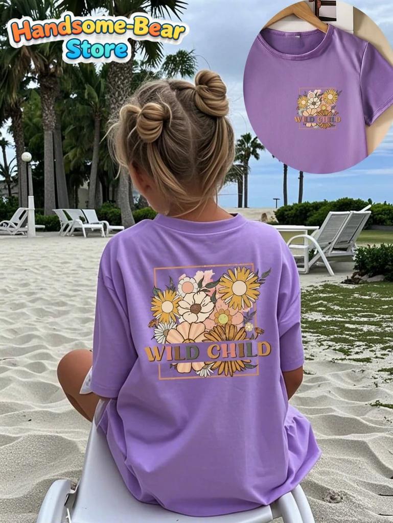 Boho Wildflower Happiness Blooms from Within Girls T-Shirt Summer Kids Short Sleeve Streetwear Casual Round Neck Girls Clothes