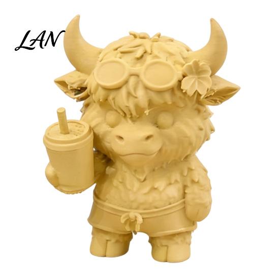 Miniature Display Cabinet Decor 2Pcs Cute Highland Cow Figurine, 3D Printed Bubble Tea Statues, Cartoon Animal Sculpture Summer Farmhouse Style