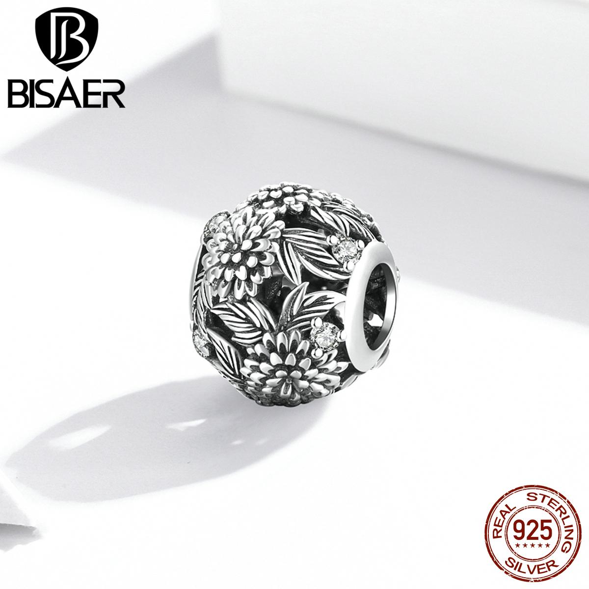 

BISAER стерлингового серебра 925 пробы, винтажные тисненые цветы, очаровательные бусины, подходят для оригинального браслета, ожерелья для женщин, ювелирные изделия 925 silver