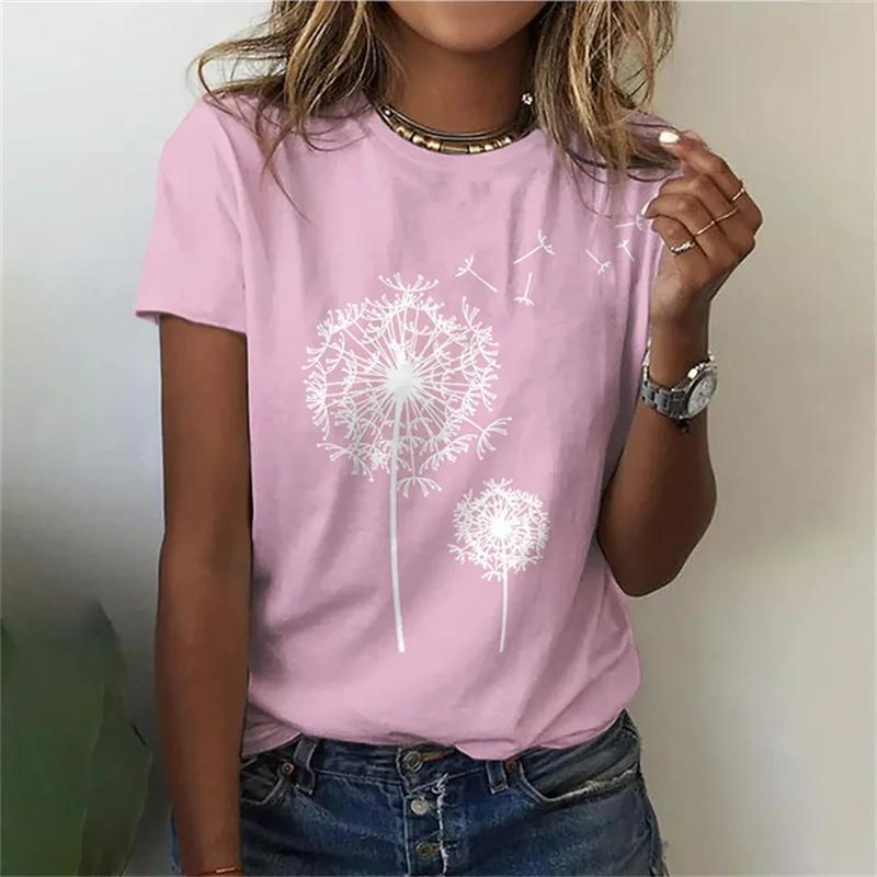 Women's fashion crew neck T-shirt, dandelion 3D printed T-shirt minimalist clothing short sleeve top outdoor casual novelty