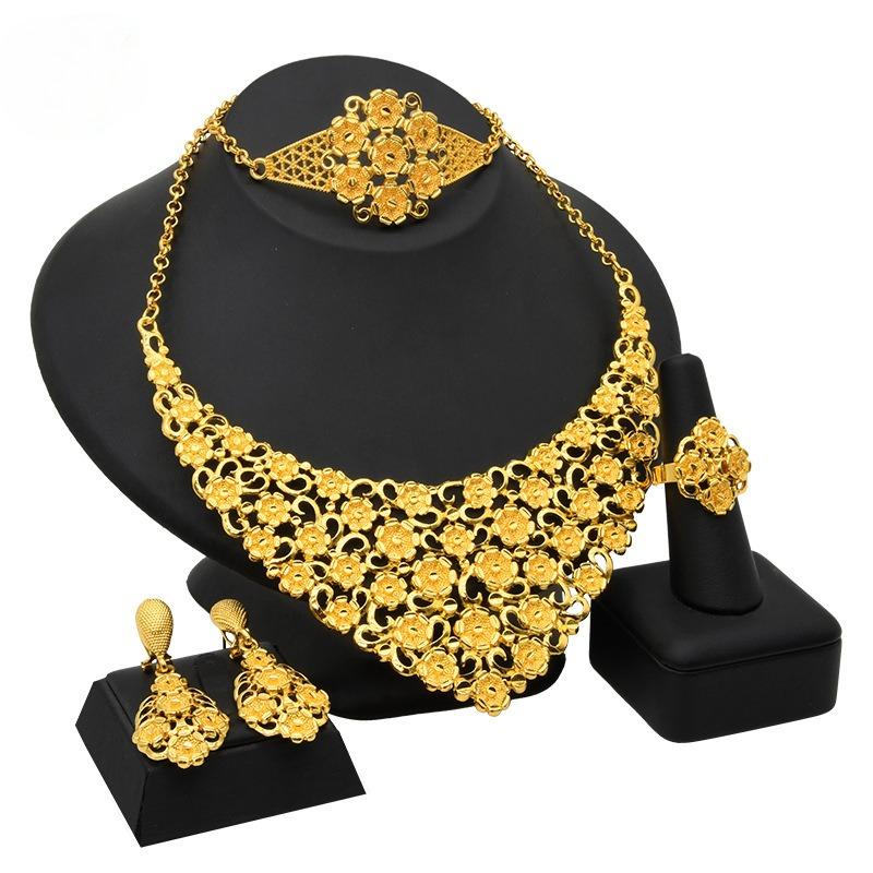 2026 Nigeria Dubai 24K Gold Jewelry Set Bridal Necklace Bracelet Earrings Ring Four-piece Set
