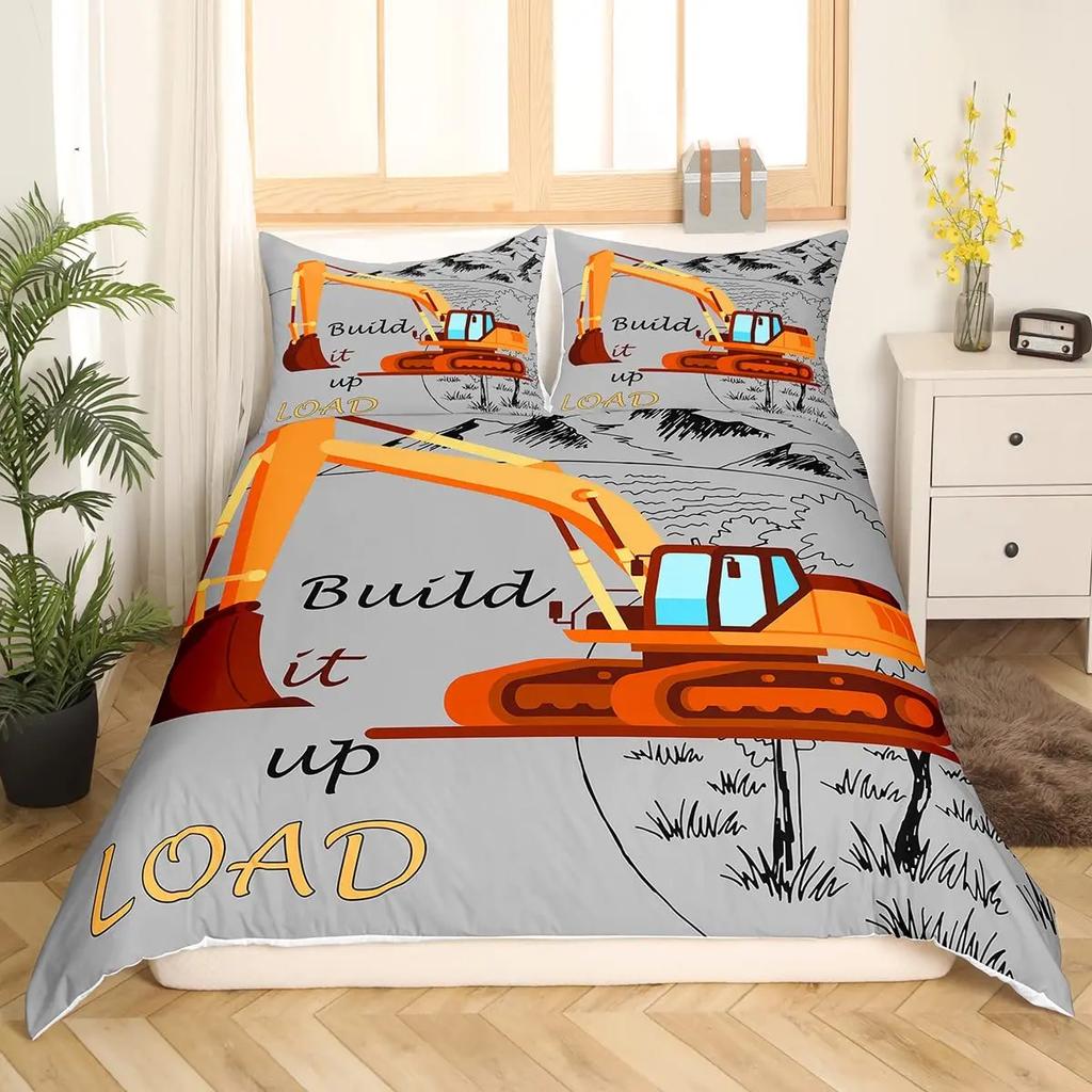 Conjunto de Roupa de Cama com Desenho de Escavadora e Trator de Construção 2/3 Peças King Amarelo Capa de Edredom Caminhão de Máquinas Capa de Colcha de Poliéster Carro para Crianças