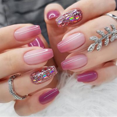 24 Pieces Wear Nail Purple Nail Piece Pink Gradual Change Purple Glitter Short Nail Piece