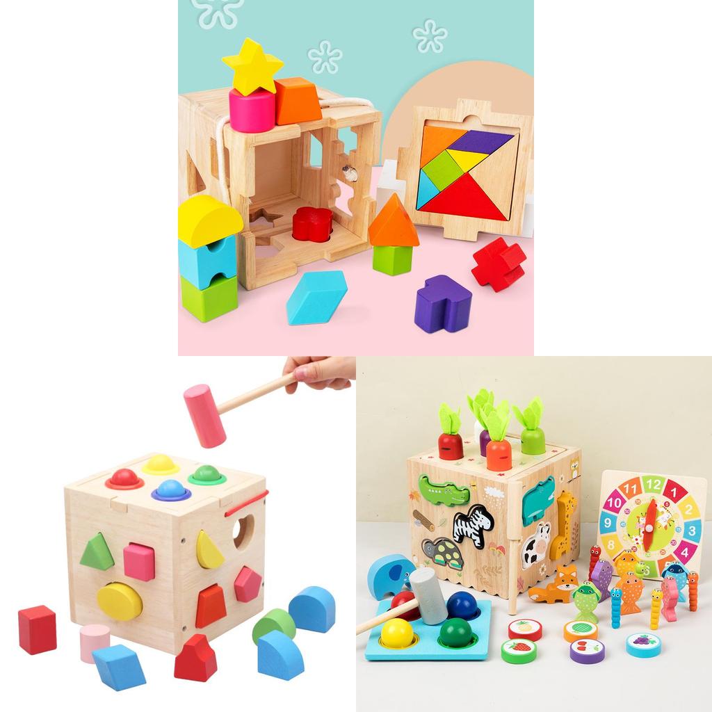 Wooden Childrens Educational Shape Sorting Blocks With Building Toys For Early Learning Development