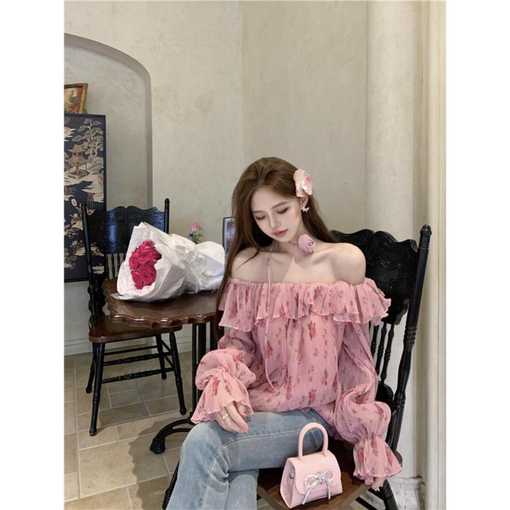 Blumiges Chiffonhemd Damen Ein Schulter Neckholder Top Glockenärmelhemd