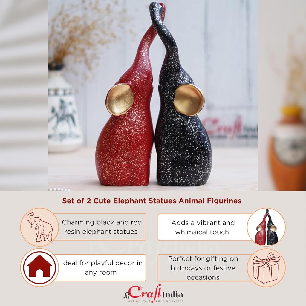 Набор статуэток слонов (2 шт), Black & Red Cute Elephant Statues Animal Figurines Set,  eCraftIndia