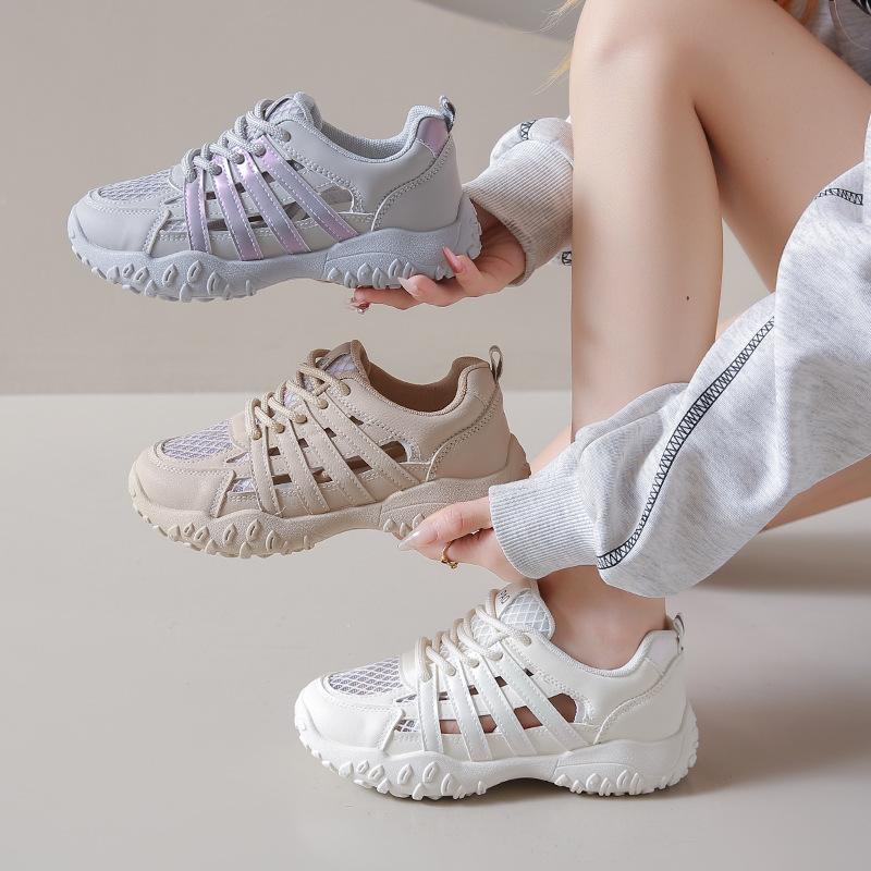 Leather mesh breathable dad shoes 2025 summer new women's shoes thick-soled hole hollow casual sports shoes