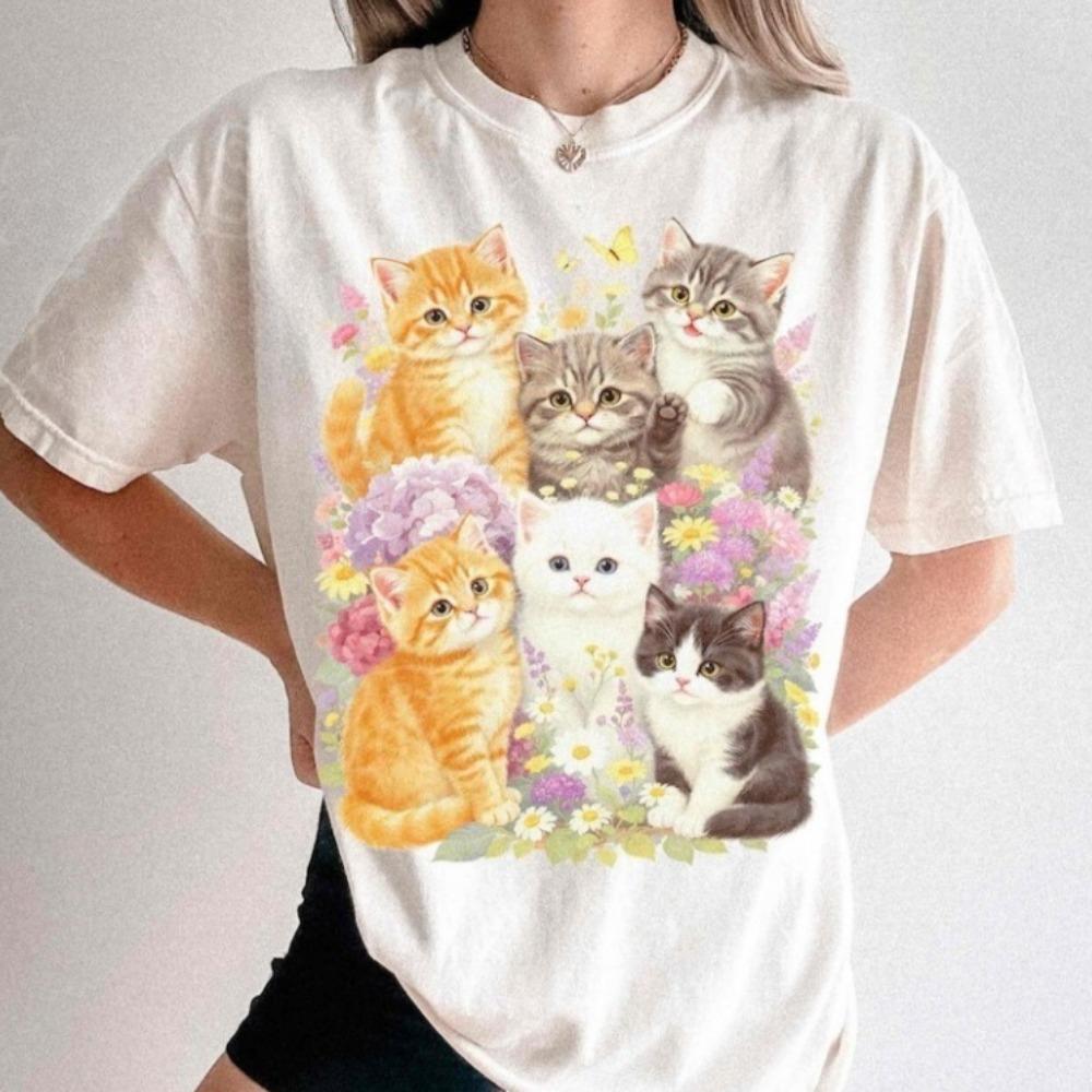 Retro Kitten Shirt Vintage Floral Cat Tee Cottagecore Cat Lover Gift Oversized T Shirt Aesthetic Kawaii Clothes Harajuku