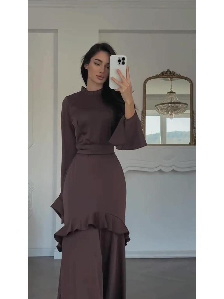 Women's Elegant Slim Fit Long Dress - 2025 European & American Style with Soft Long Sleeves